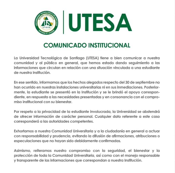 UTESA aclara incidente con estudiante y pide prudencia ante informaciones