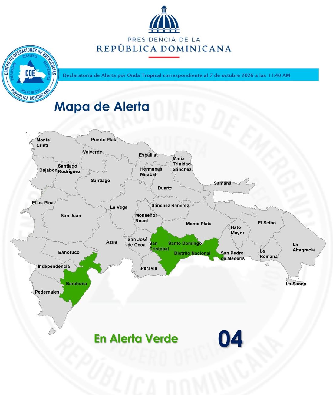 Centro de Operaciones de Emergencias emite alerta verde para cuatro demarcaciones debido a precipitaciones