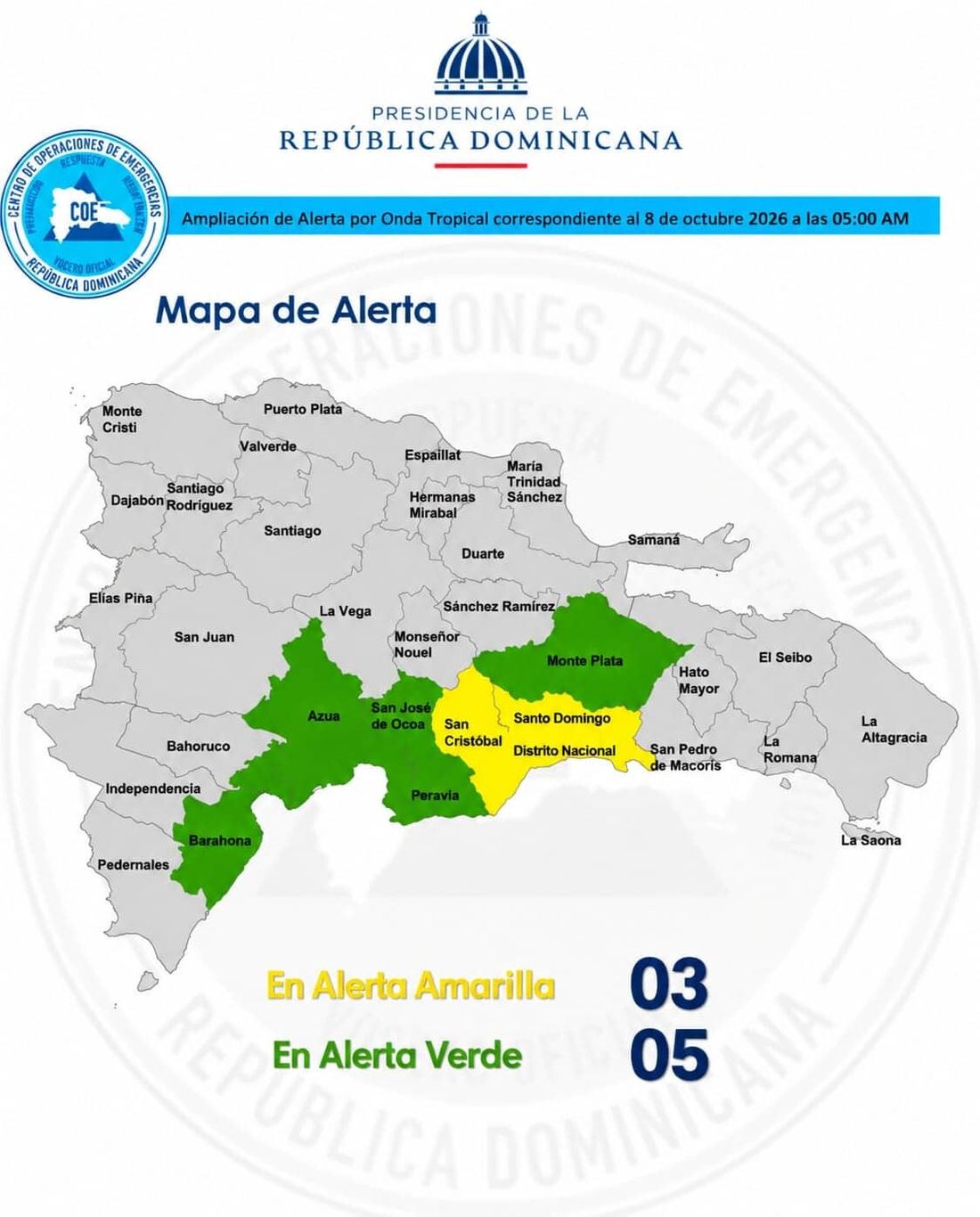 Elevan a alerta amarilla el Distrito Nacional y dos provincias por onda tropical